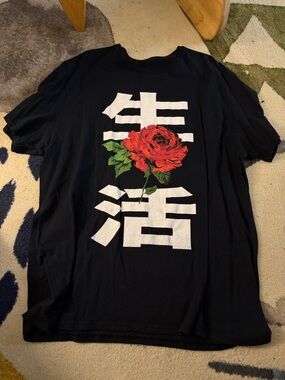 Black Graphic Tee with Red Rose and White Characters - Wear Vintage Shirt